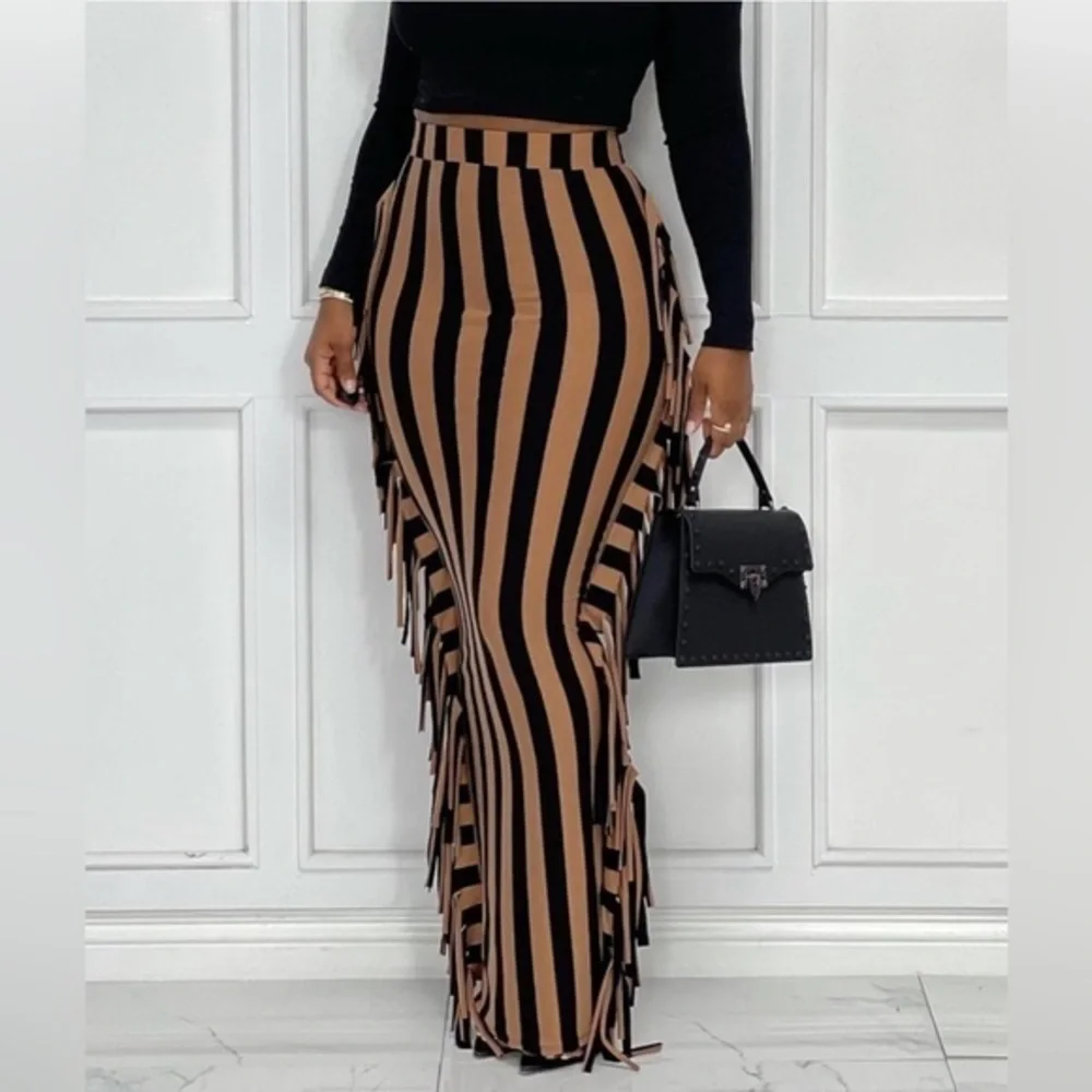 Fringe Maxi Pencil High Waist Bodycon Striped Tassel Skirt Black Brown, Small